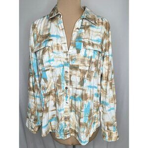 Chicos Womens Button-Down Shirt Size 2 Abstract Print Multicolor Turquoise Brown